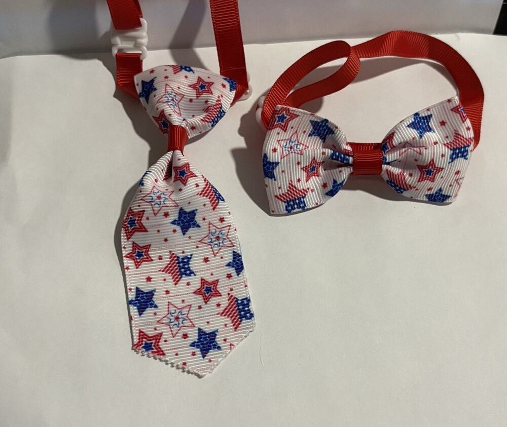 Bow Tie Necktie Set 250th July 4th USA Flag RWB Stars Dog Cat 7"+